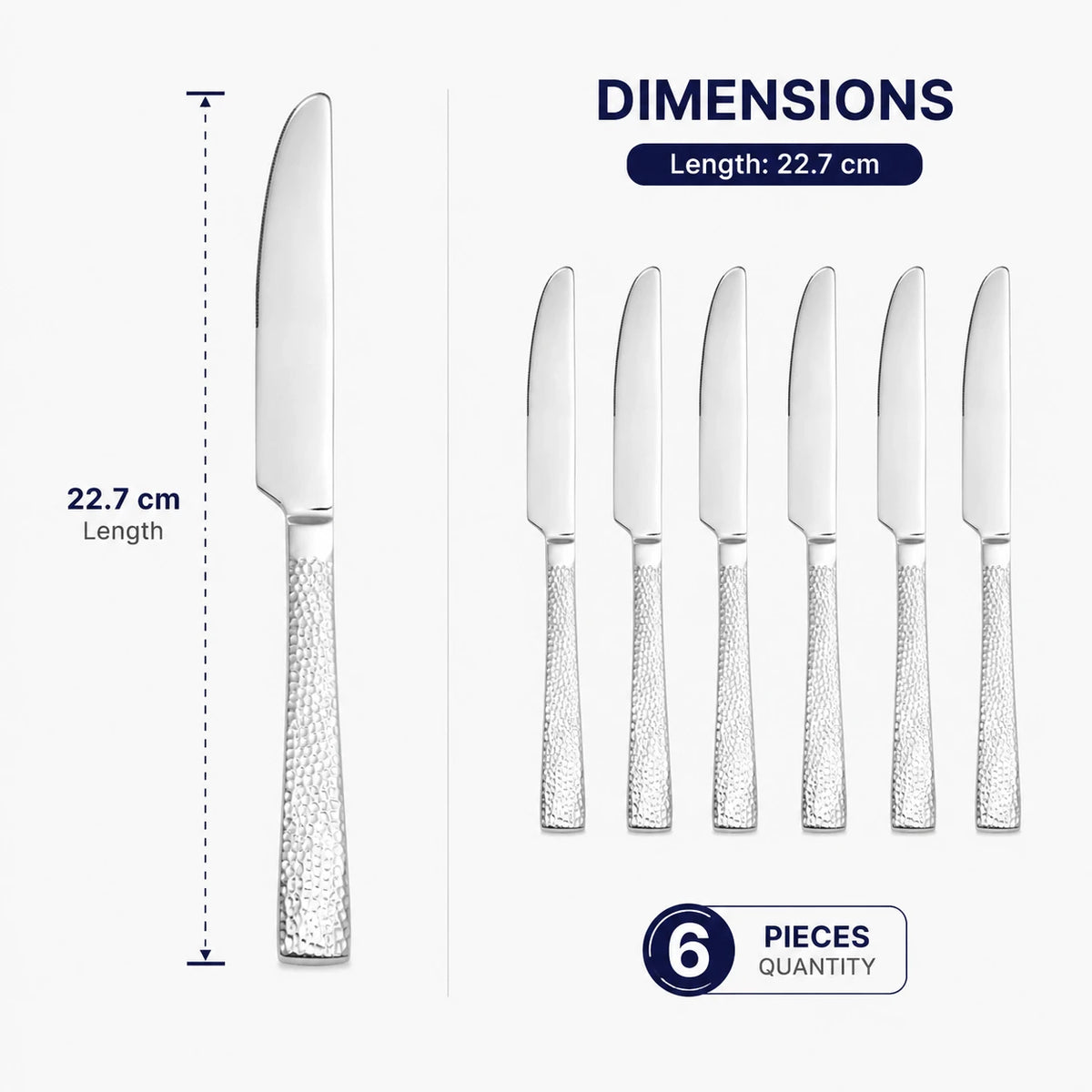 Stainless Steel Dinner Knife Set of 6 | Hammered Handle Table Knives - Image 3