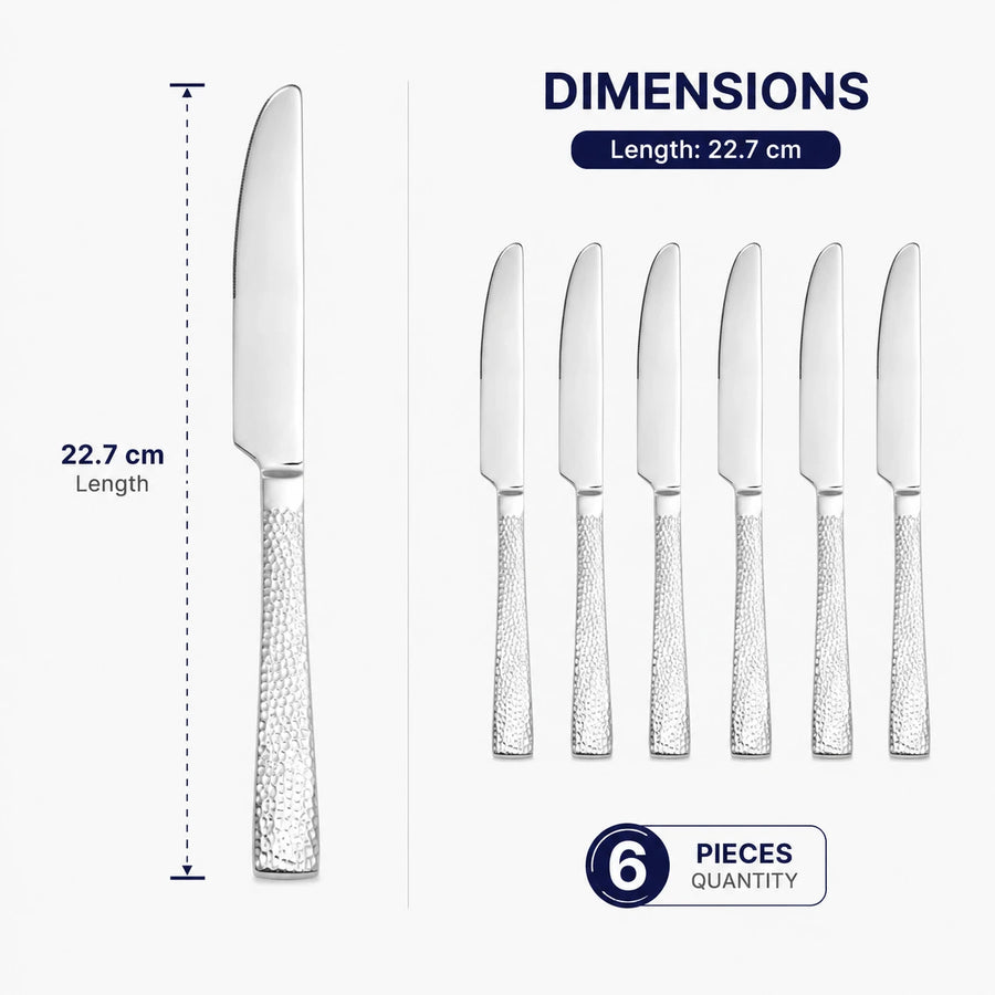 Stainless Steel Dinner Knife Set of 6 | Hammered Handle Table Knives