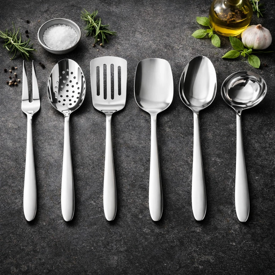 Stainless Steel Kitchen Utensil Set Cooking Utensils Set Metal Cooking Tools Kitchen Serving Utensils Set of 6 Silver