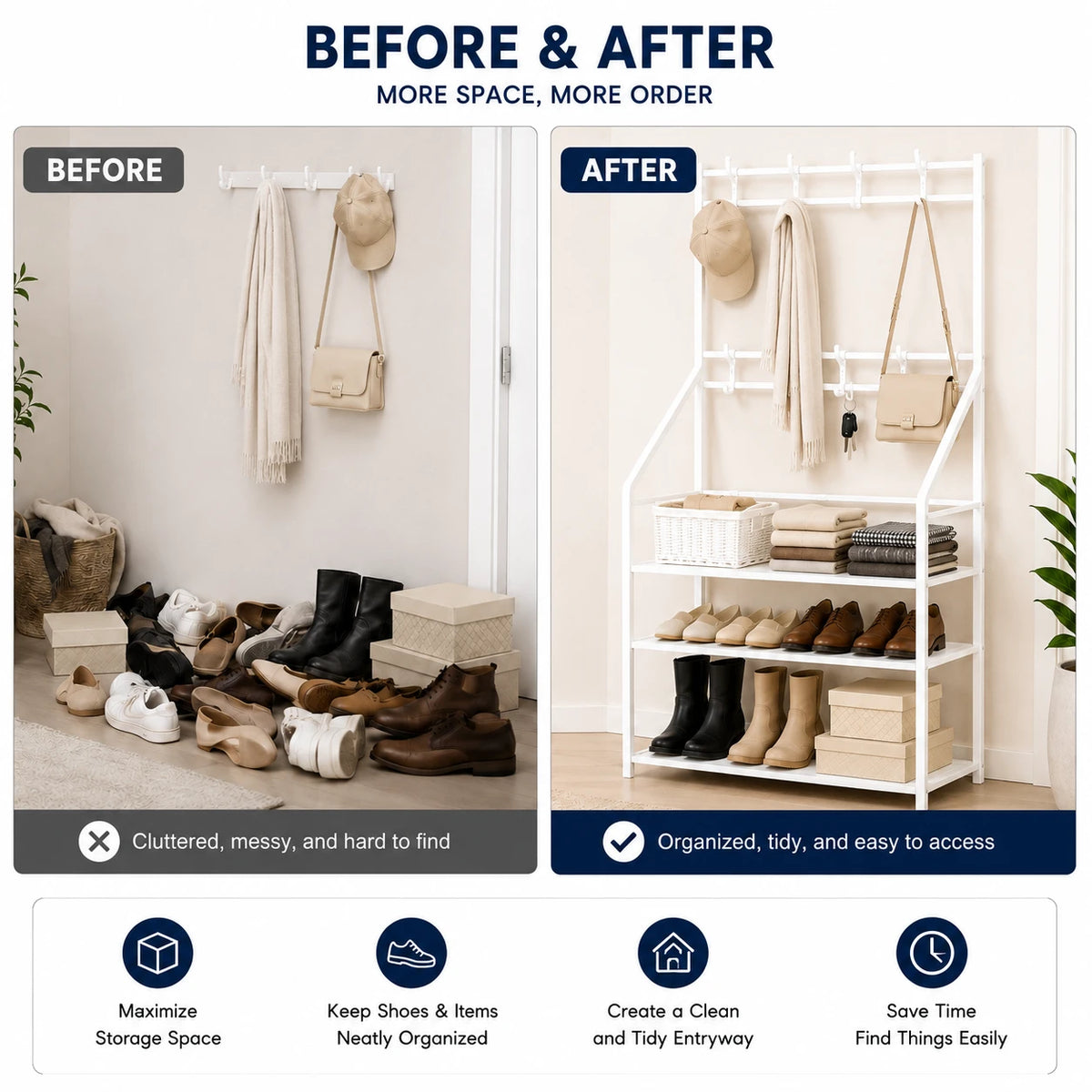 Shoes Organizer 3 Shelves Clothes Hanger Storage Rack Entryway Hall Tree Shoe Shelf Metal Clothes Rack - Image 2