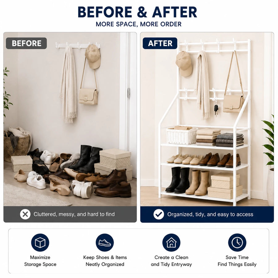 Shoes Organizer 3 Shelves Clothes Hanger Storage Rack Entryway Hall Tree Shoe Shelf Metal Clothes Rack