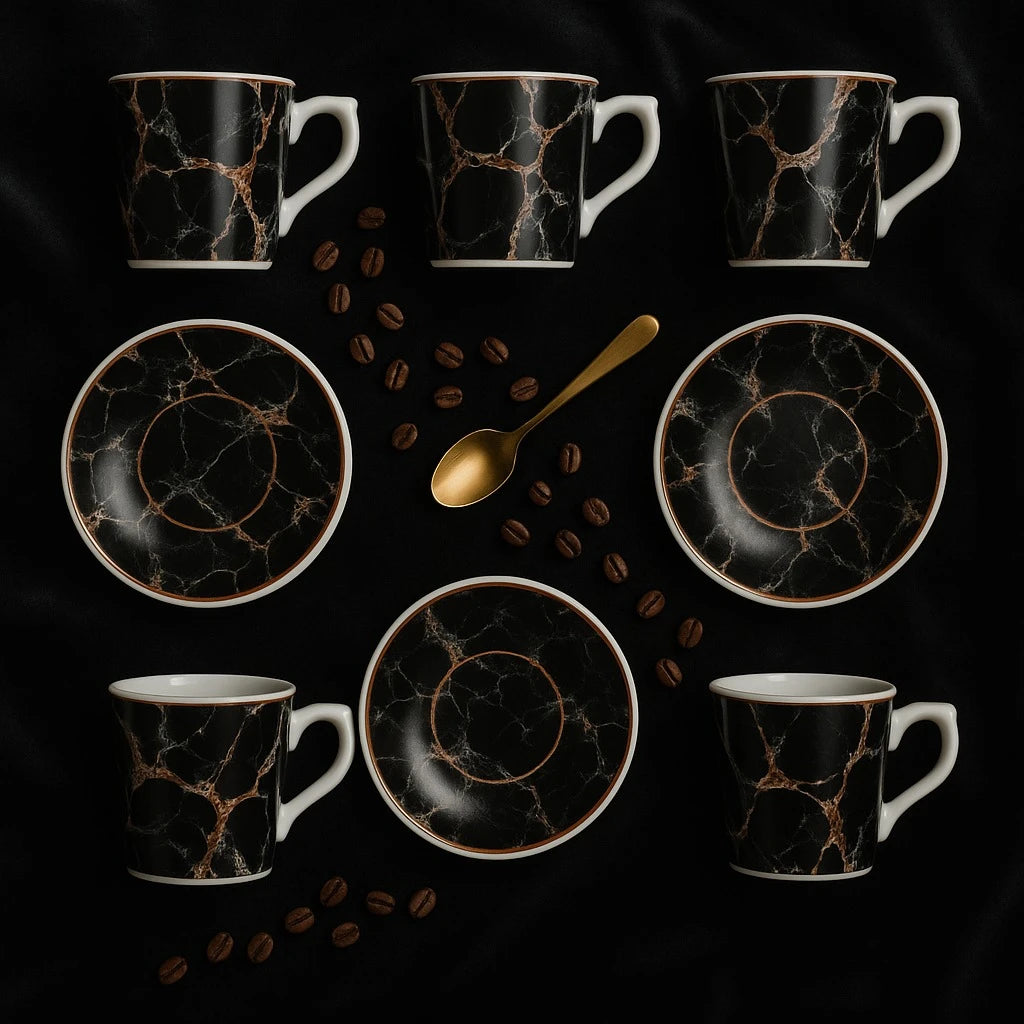 Set of 6 Black Marble Coffee Espresso Cups