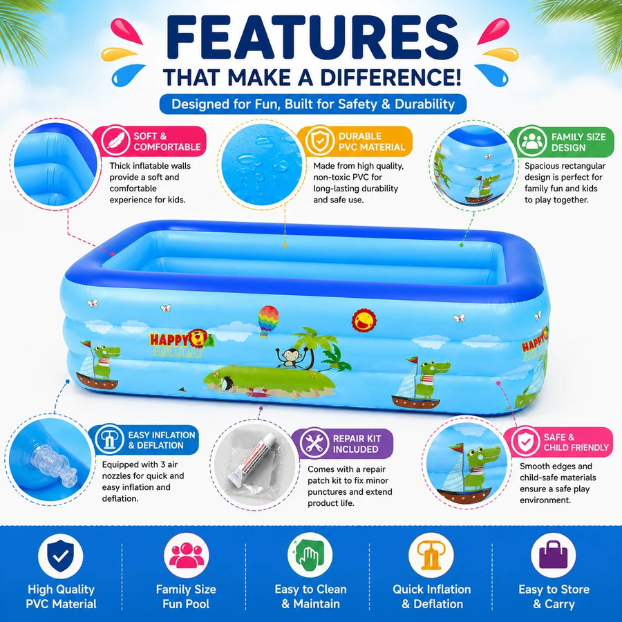 Kids Inflatable Family Swimming Pool 3-Layer PVC Rectangular Pool 3.05M