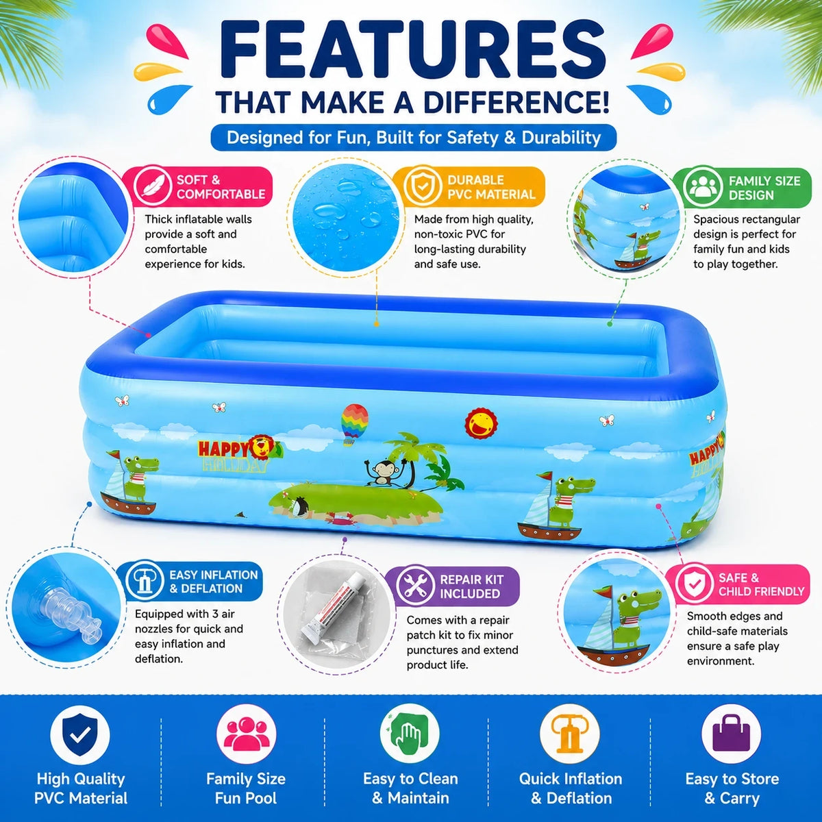 Kids Inflatable Family Swimming Pool 3-Layer PVC Rectangular Pool 1.5M - Image 4
