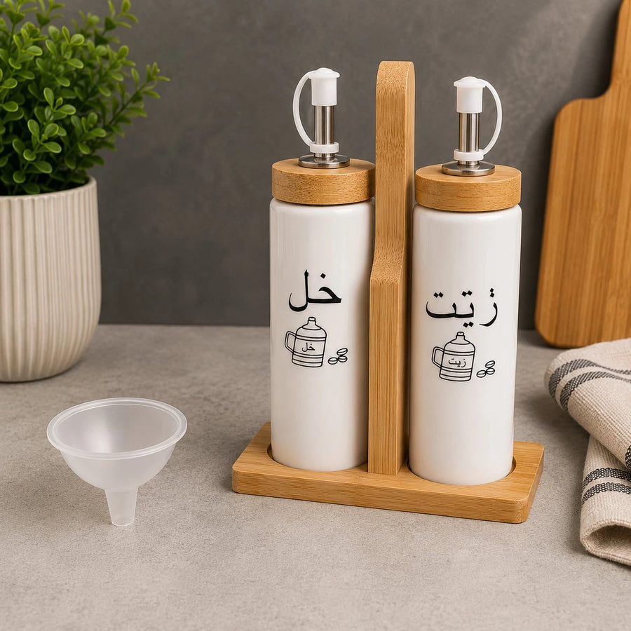 Porcelain Oil And Vinegar Dispenser Set Kitchen Cruet Bottles Condiment Container With Bamboo Holder And Filling Funnel
