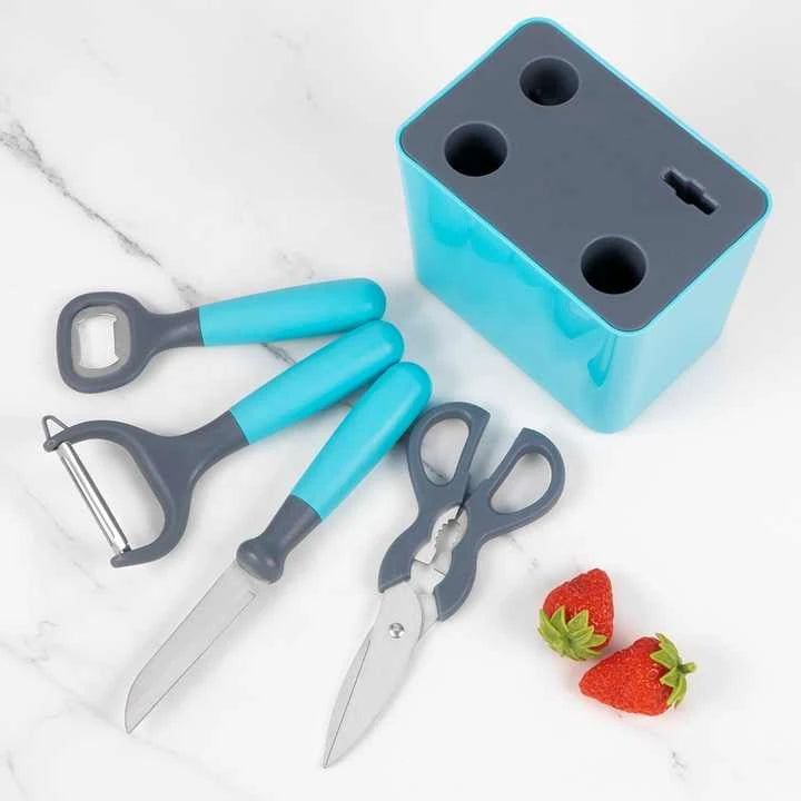 5 Piece Stainless Steel Kitchen Tool Set with Knives Scissors Bottle Opener and Storage Box – Blue