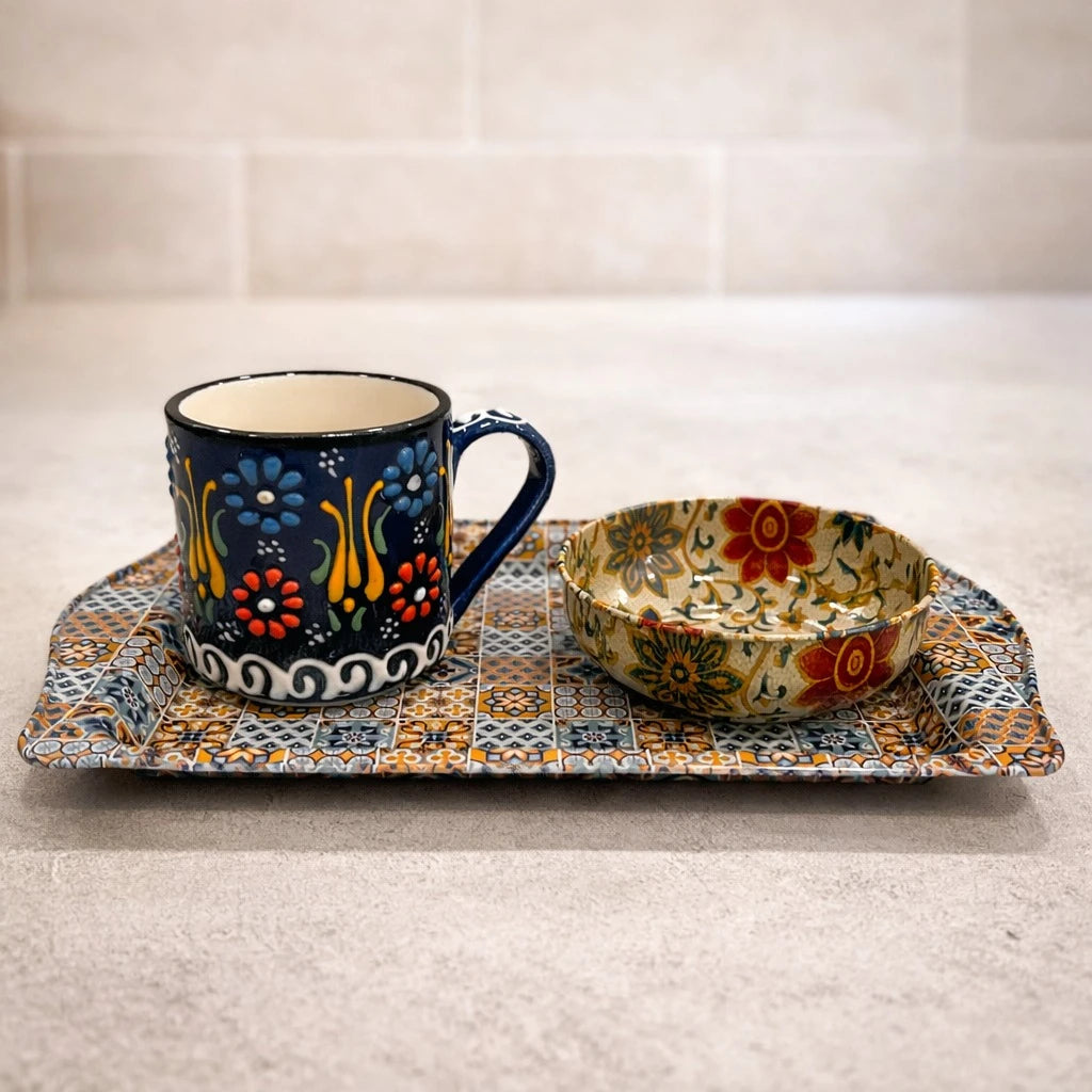 Turkish Coffee Serving Set Metal Tray Ceramic Cup Mandala Coffee Tea Serving Set Ottoman Floral Decorative Tray Set