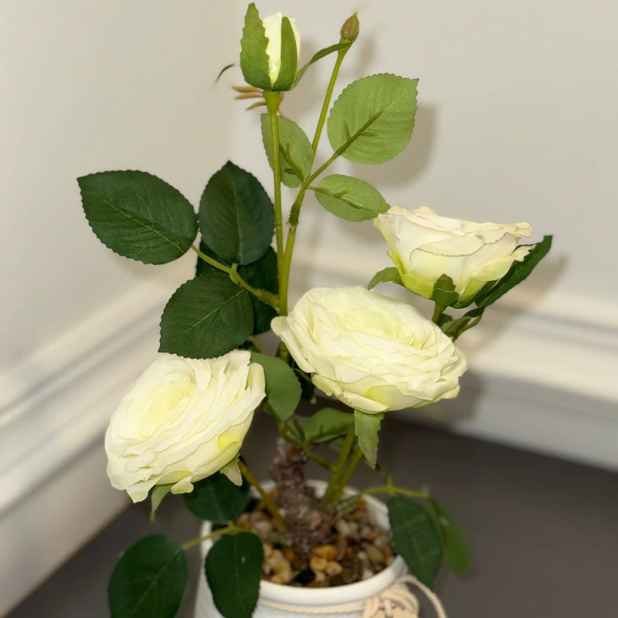 Artificial White Rose Plant in Decorative Pot-33cm