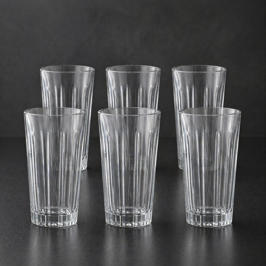 Long Clear Glass Tumblers 315 ml Pack of 6 Drinking Glass Set Ribbed Design Everyday Kitchen Glassware 13.5 cm