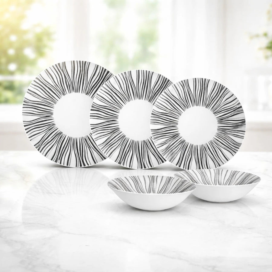 Dinnerware Set 30 Pieces Black White Radial Stripe Porcelain Soup Plates Salad Bowls Ramadan Tableware