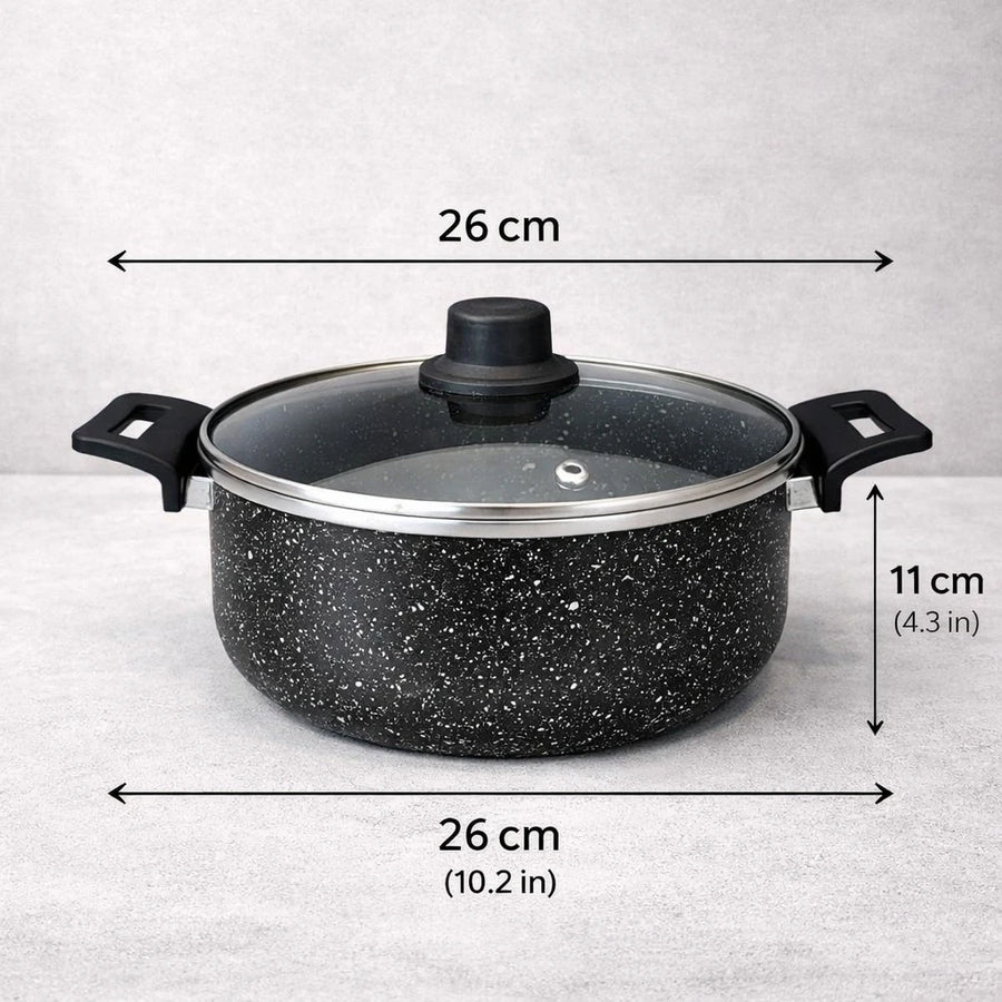 Cookware Set Granite Non Stick Pots Pans Black Speckled Glass Lid Turkish Made 7 Pieces