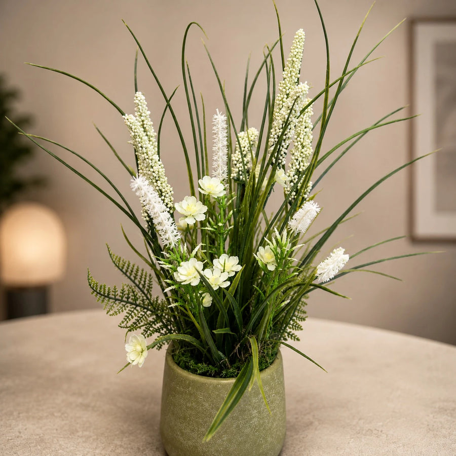 Artificial White Floral Grass Arrangement Decorative Greenery Tabletop Plant Pot Home Office Decor