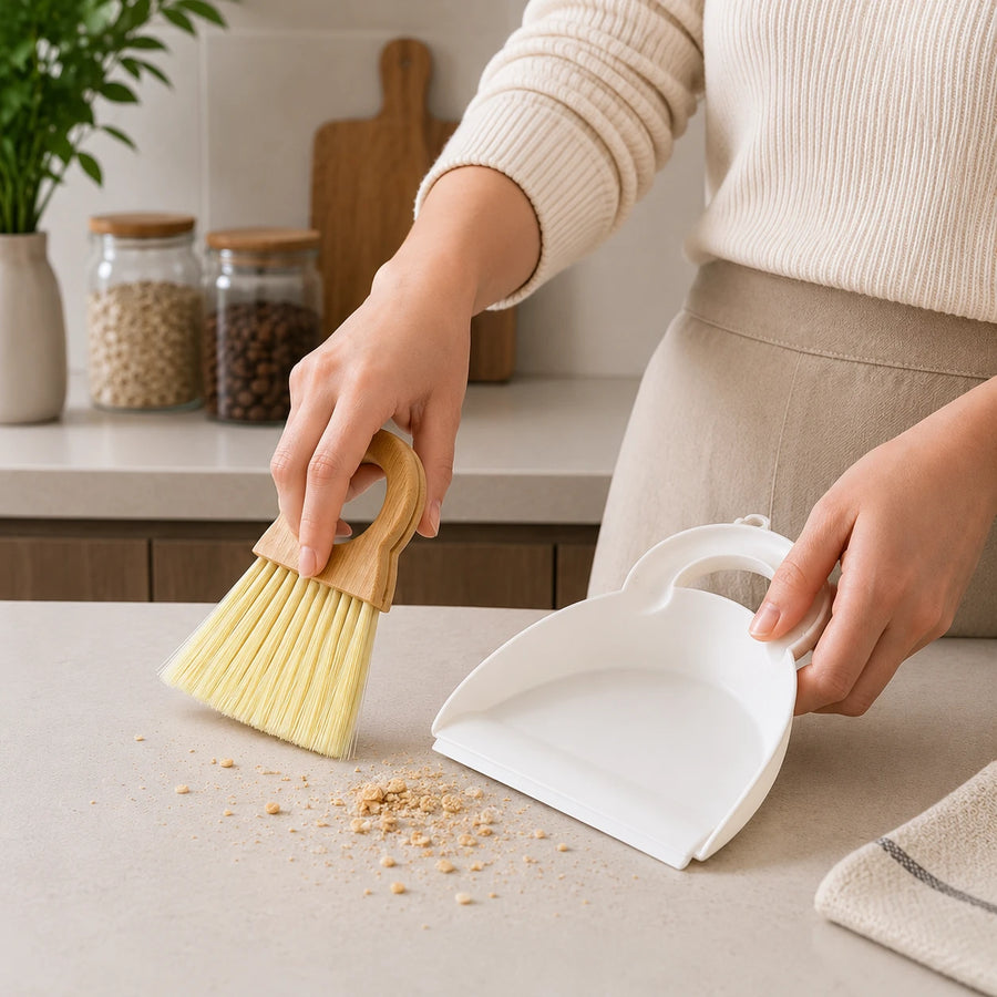 Mini Dustpan Brush Set Bamboo Handle Desktop Cleaning Brush