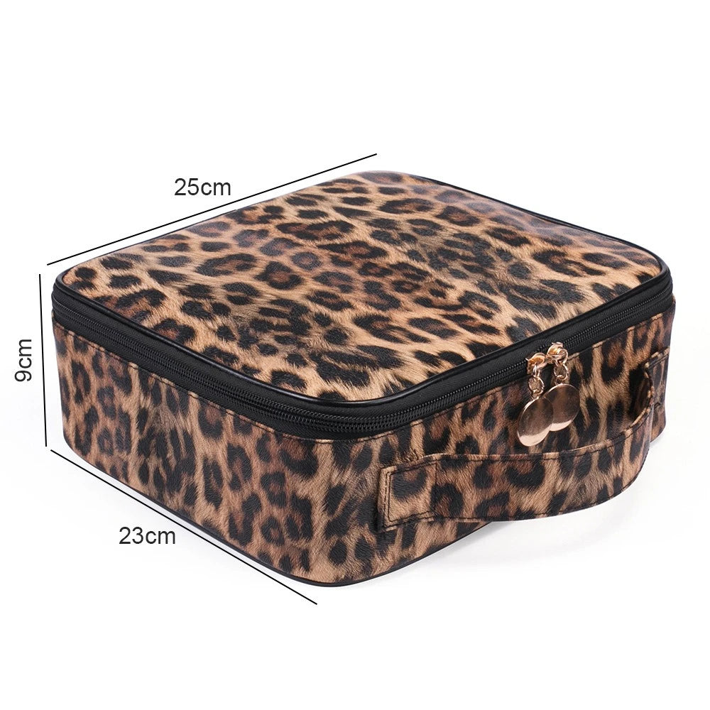 Leopard Print PU Leather Makeup Organizer Travel Cosmetic Bag Waterproof Zipper Beauty Storage Case Portable Makeup Box 25x23x9 cm