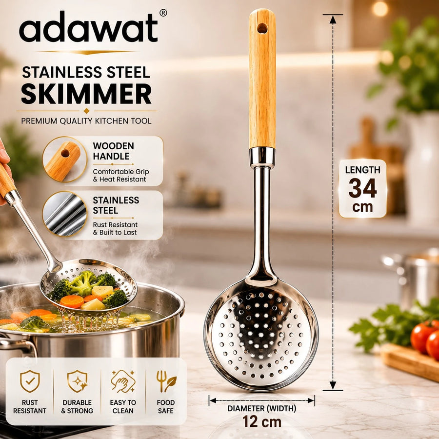 Adawat Stainless Steel Skimmer Wooden Handle Kitchen Strainer Spoon Food Skimmer Frying Spoon Soup Strainer 34 cm