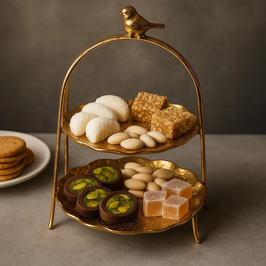 2-Tier Gold Serving Stand with Bird Topper