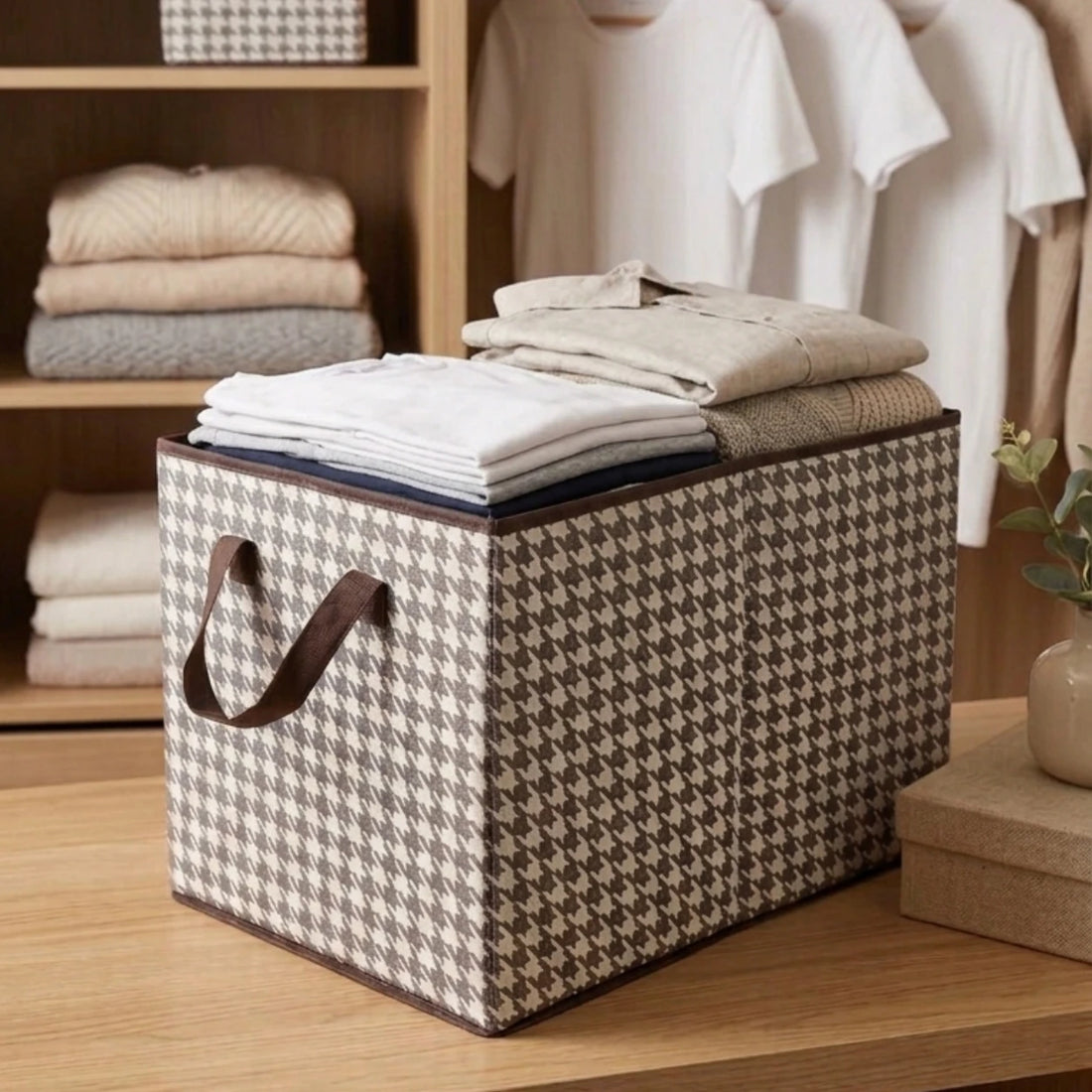 Foldable Fabric Storage Box Closet Organizer Basket with Handles Houndstooth Pattern