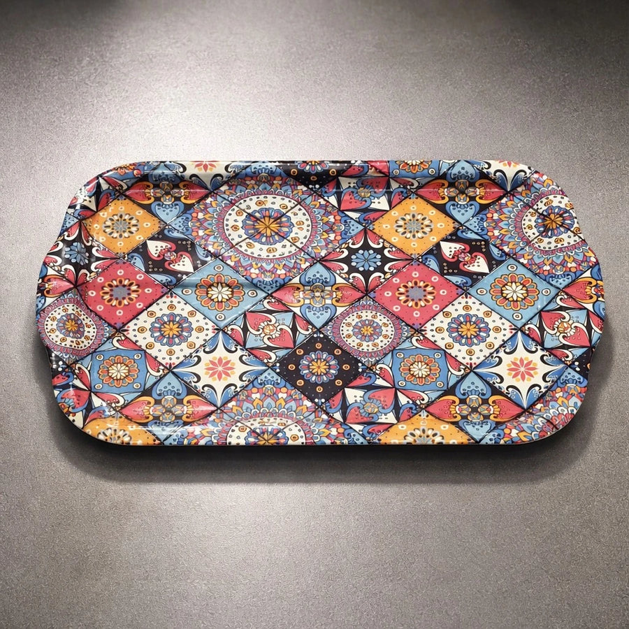 Turkish Serving Tray Metal Tray Mandala Ottoman Mosaic Design Coffee Snack Tray Rectangular Decorative Tray Medium Size Assorted