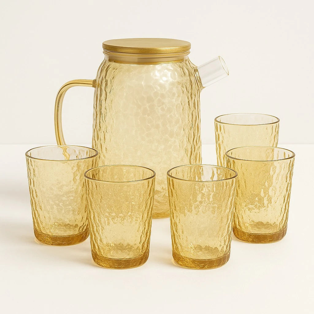 Glass Pitcher with 6 Amber Cups