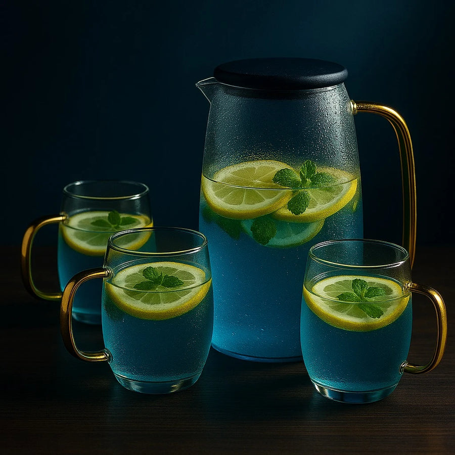 Glass Pitcher Set with Gold Handle