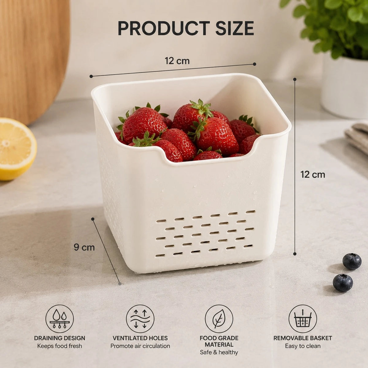 Food Storage Container With Removable Drain Basket Fridge Organizer Box Produce Keeper 30 x 20 x 14 cm - Image 5