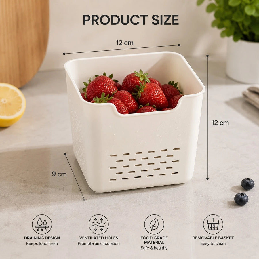 Food Storage Container With Removable Drain Basket Fridge Organizer Box Produce Keeper 30 x 20 x 14 cm