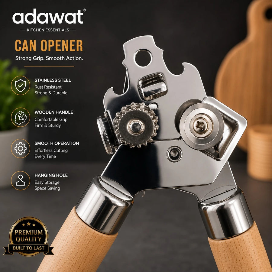 Adawat Stainless Steel Can Opener Wooden Handle Manual Tin Opener Kitchen Bottle Opener 20.5cm
