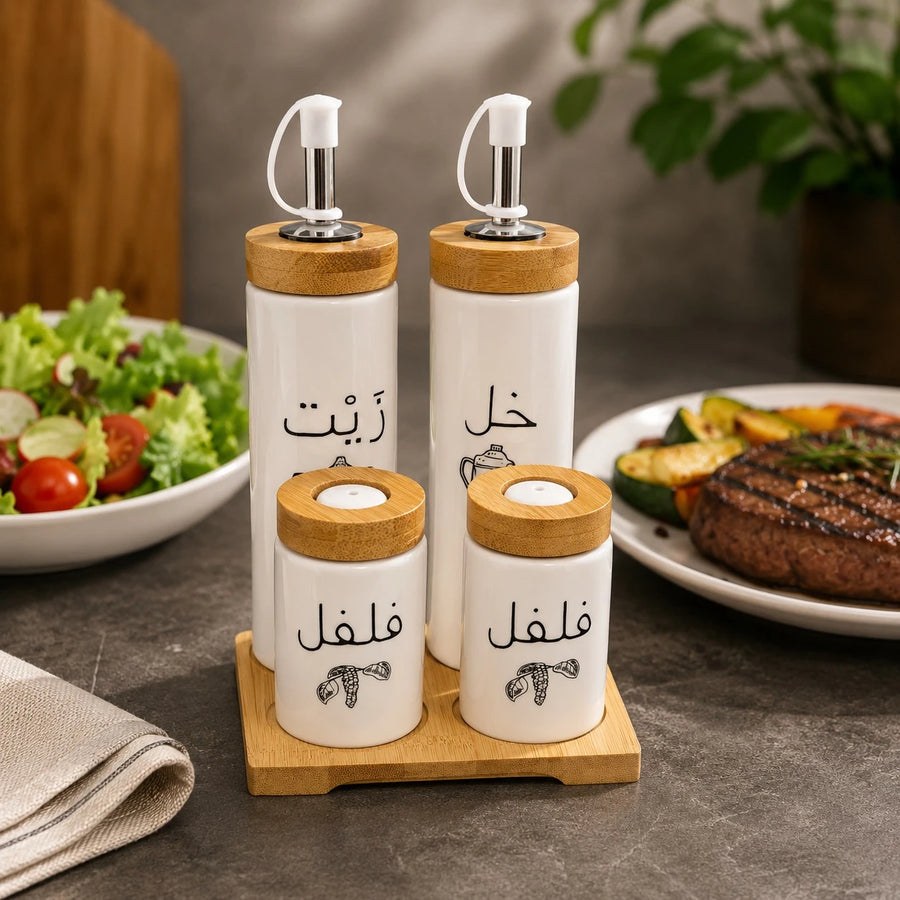 Porcelain Oil Vinegar Salt And Pepper Set Bamboo Holder Kitchen Condiment Organizer Dispenser