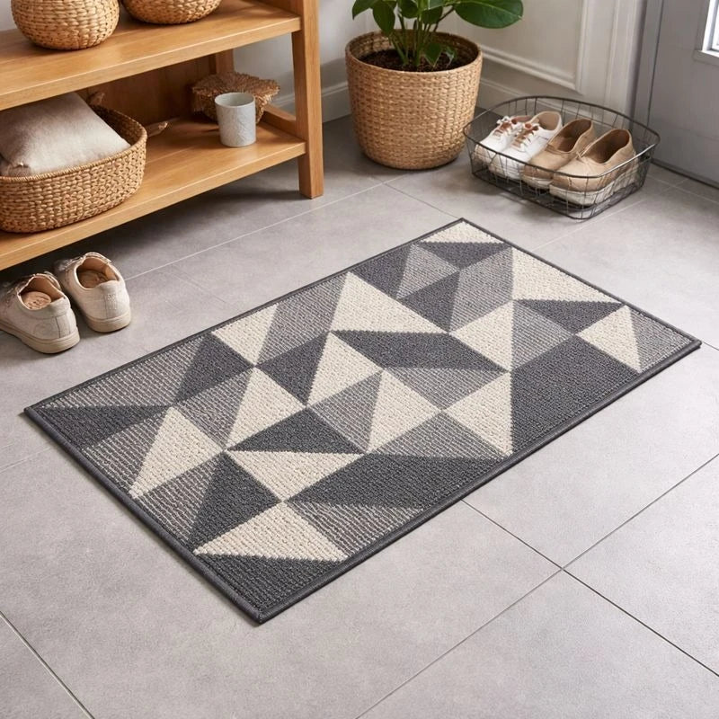 Geometric Anti Slip Floor Mat Rug for Entryway & Kitchen  Grey Woven Texture 80 × 50 cm