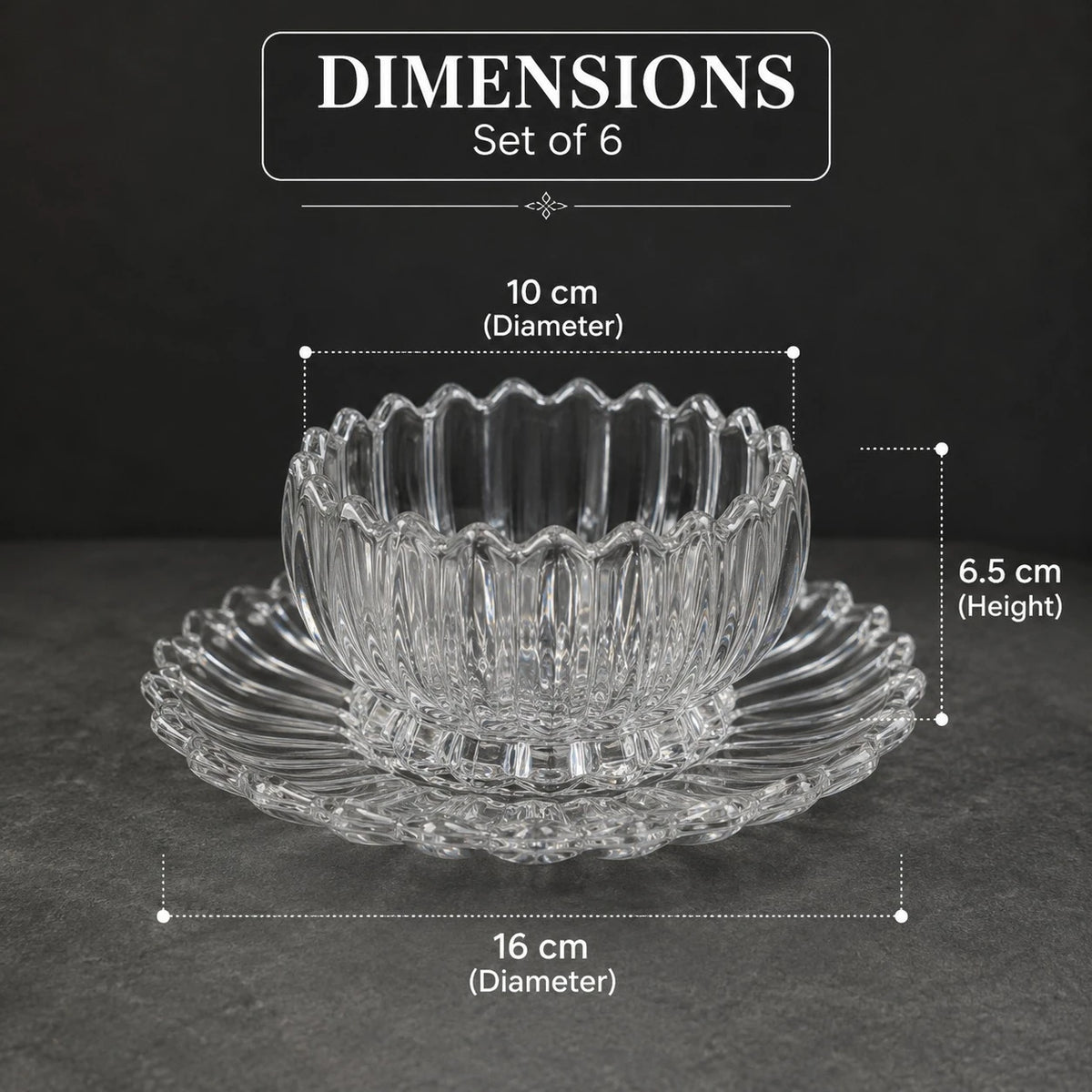 Glass Dessert Bowl and Plate Set of 6 Clear Ribbed Serving Bowls with Matching Plates