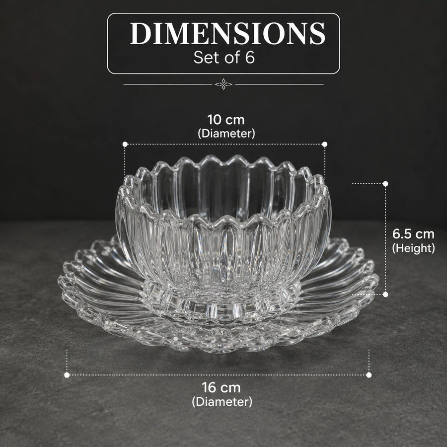 Glass Dessert Bowl and Plate Set of 6 Clear Ribbed Serving Bowls with Matching Plates