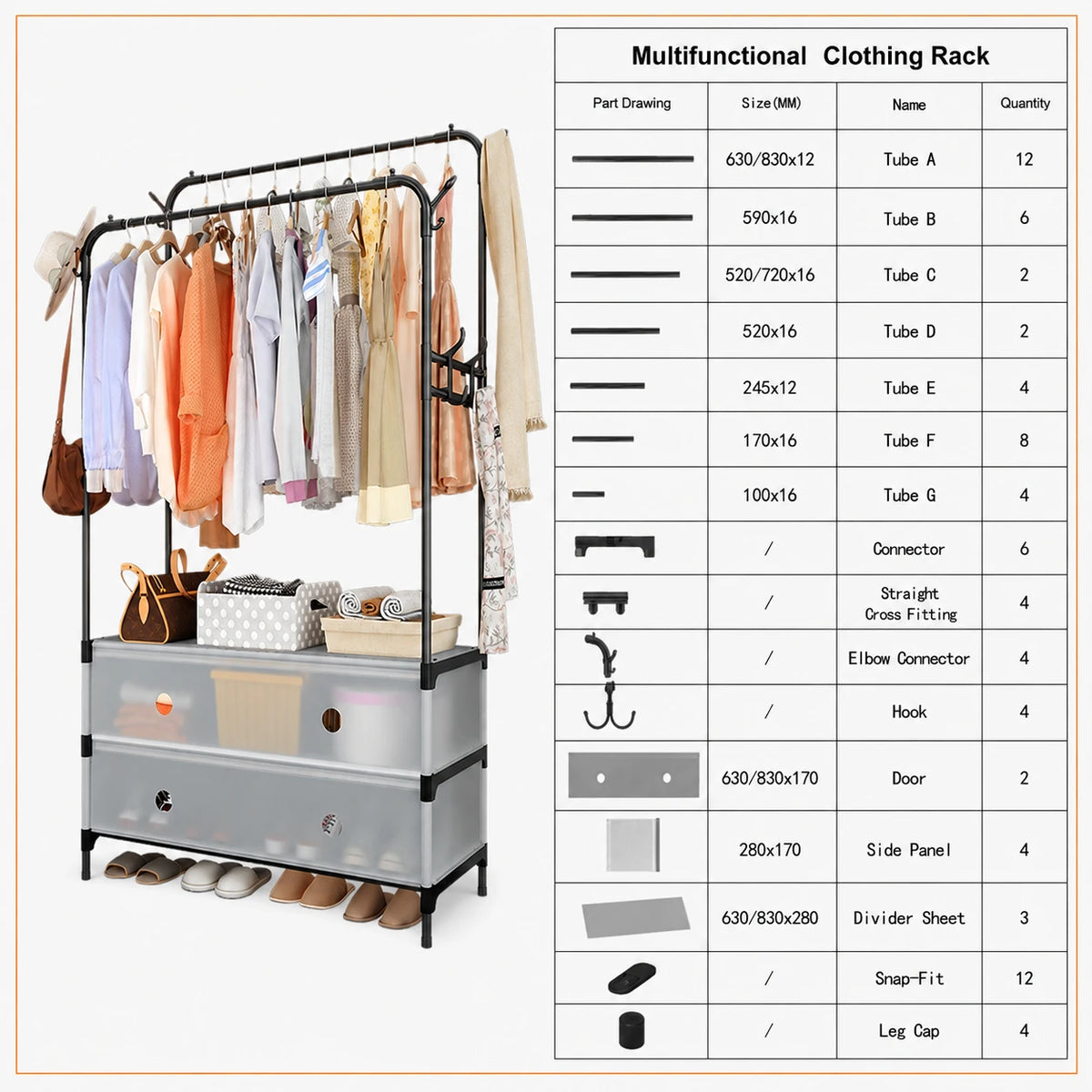 Double Clothes Rack with Storage Drawers | Multifunctional Wardrobe Organizer & Shoe Cabinet - Image 2