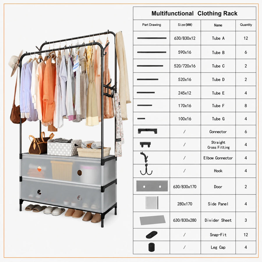 Double Clothes Rack with Storage Flip Covers Multifunctional Wardrobe Organizer & Shoe Cabinet