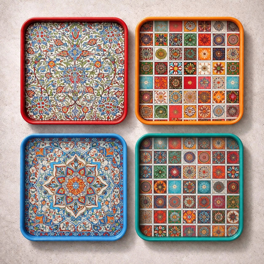 Turkish Serving Tray Square Metal Tray Ottoman Mosaic Mandala Design Coffee Tea Serving Tray Decorative Tray Kitchen Tray
