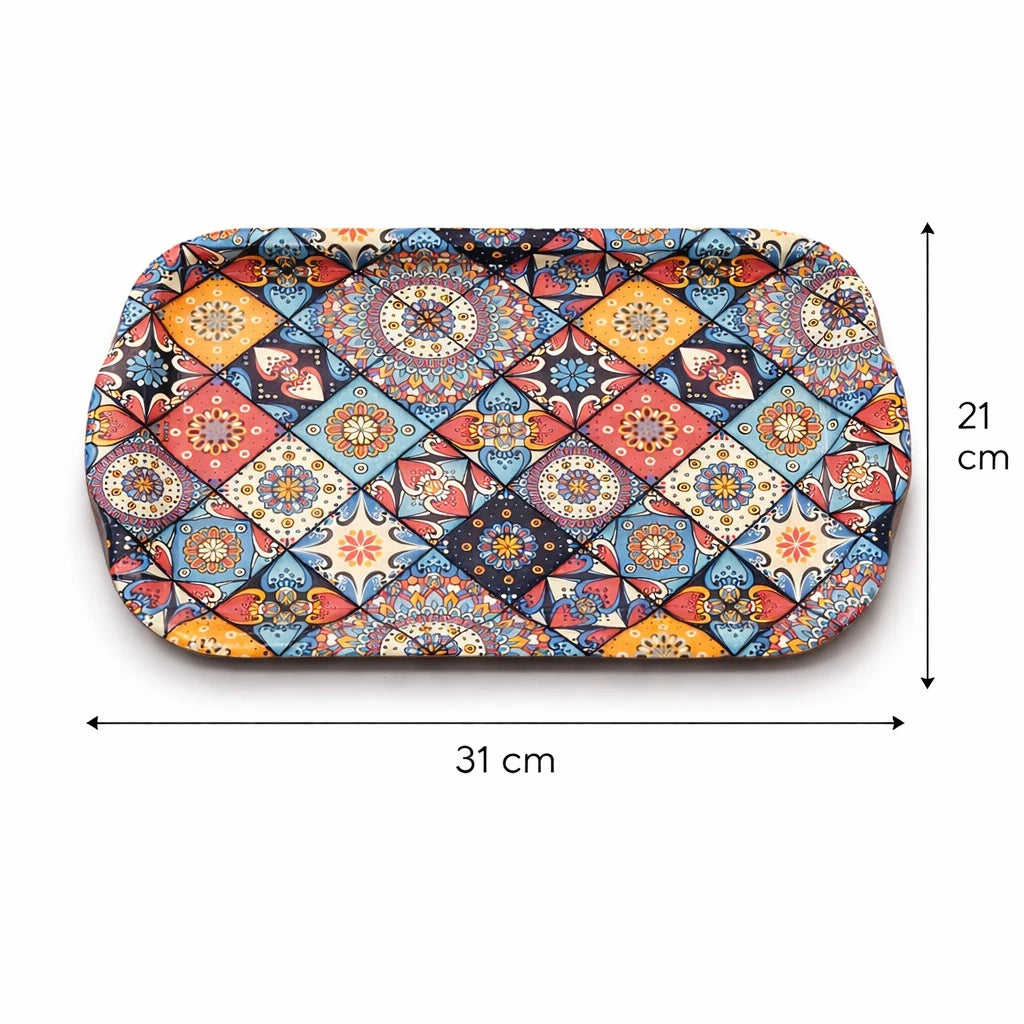 Turkish Serving Tray Metal Tray Mandala Ottoman Mosaic Design Coffee Snack Tray Rectangular Decorative Tray Medium Size Assorted