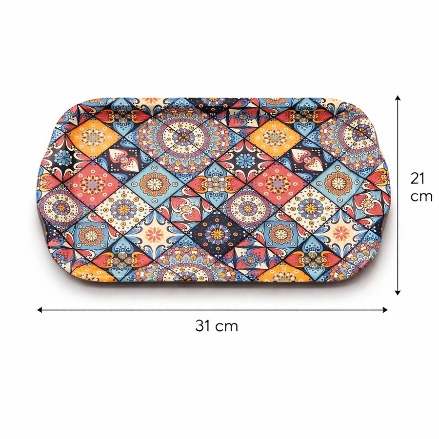 Turkish Serving Tray Metal Tray Mandala Ottoman Mosaic Design Coffee Snack Tray Rectangular Decorative Tray Medium Size Assorted