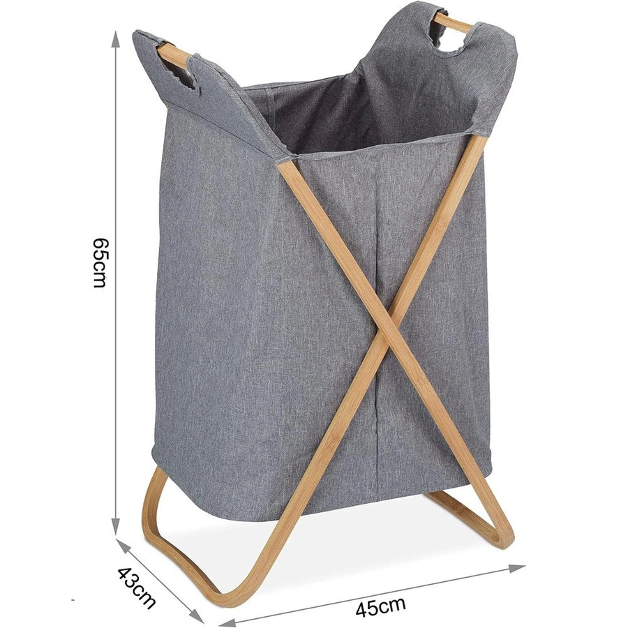 Foldable Bamboo Laundry Basket with Fabric Storage Hamper Handles and Space Saving Design