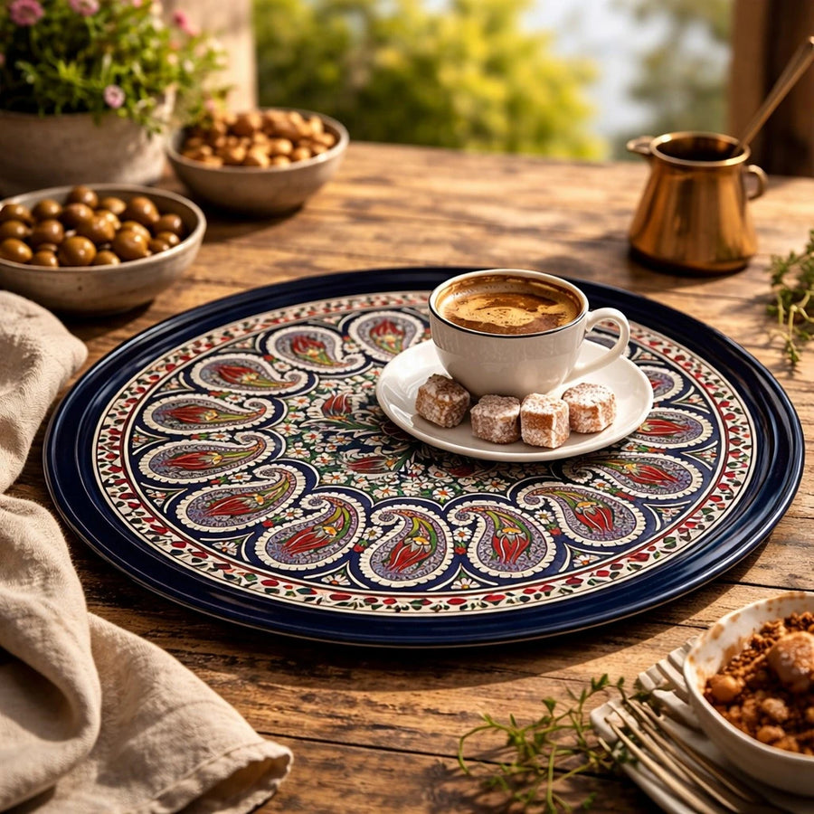 Turkish Metal Tray Serving Tray Round Tray Mandala Coffee Serving Tray Tea Tray Ottoman Floral Tray Decorative Tray Kitchen Serving Tray 35 cm
