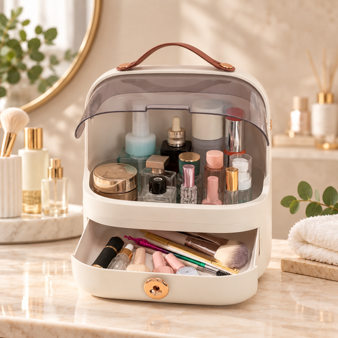 Large Capacity Makeup Organizer with Transparent Cover Drawer and Handle