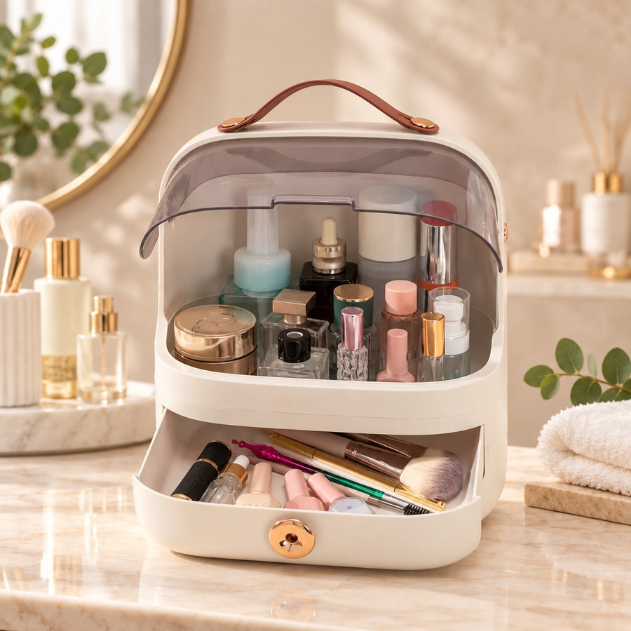 Large Capacity Makeup Organizer with Transparent Cover Drawer and Handle