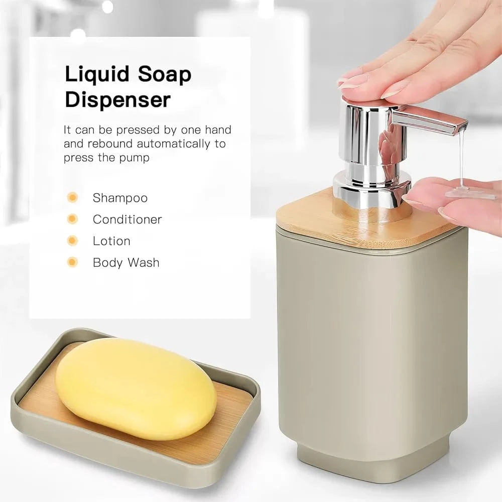 Modern Bamboo Bathroom Set, 6 Pieces Bathroom Accessories Organizer With Soap Dispenser, Toothbrush Holder, Trash Bin and Toilet Brush