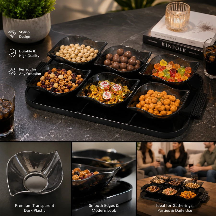 Serving Tray with 6 Snack Bowls Set Plexi Acrylic Mezza Serving Tray | Transparent Dark Snack Organizer for Nuts, Candy & Appetizers