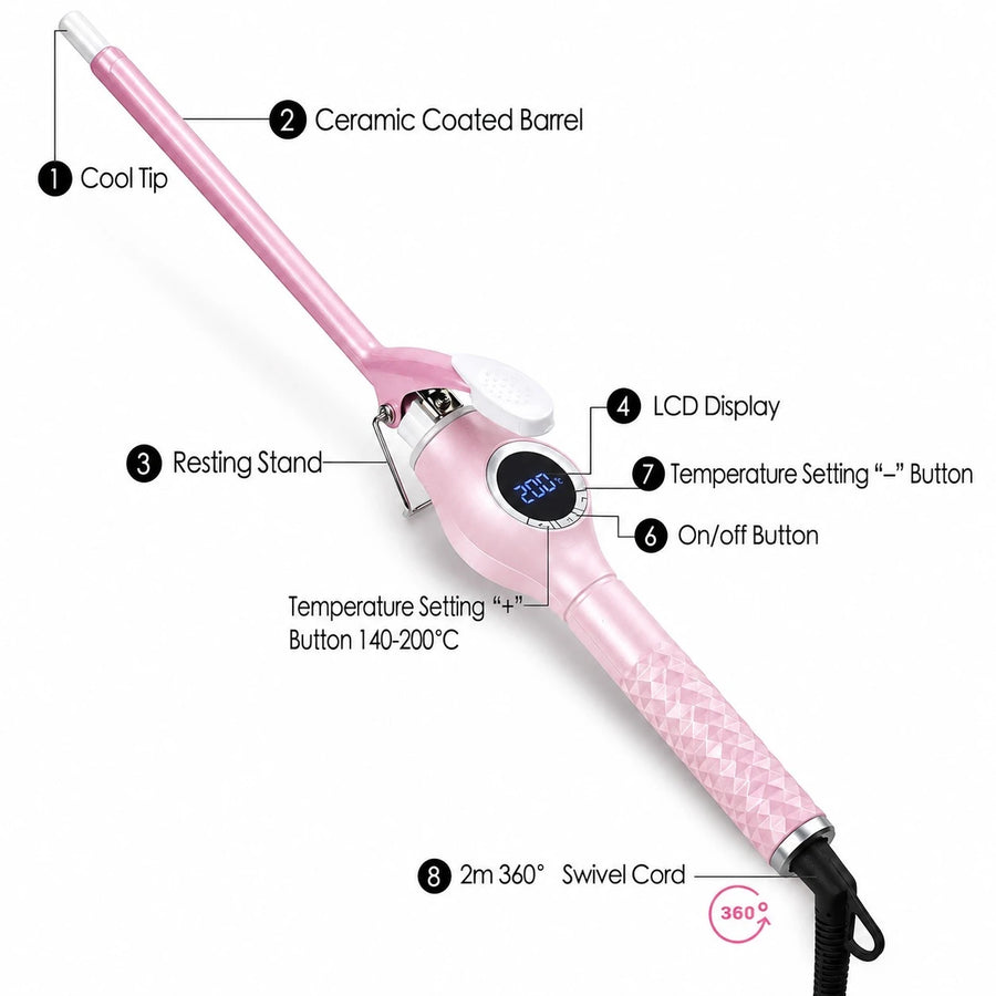 MoeHair 9mm Slim Ceramic Hair Curler Wand LCD Display Tourmaline Ceramic Curling Iron Hair Styling Wand 45W–65W