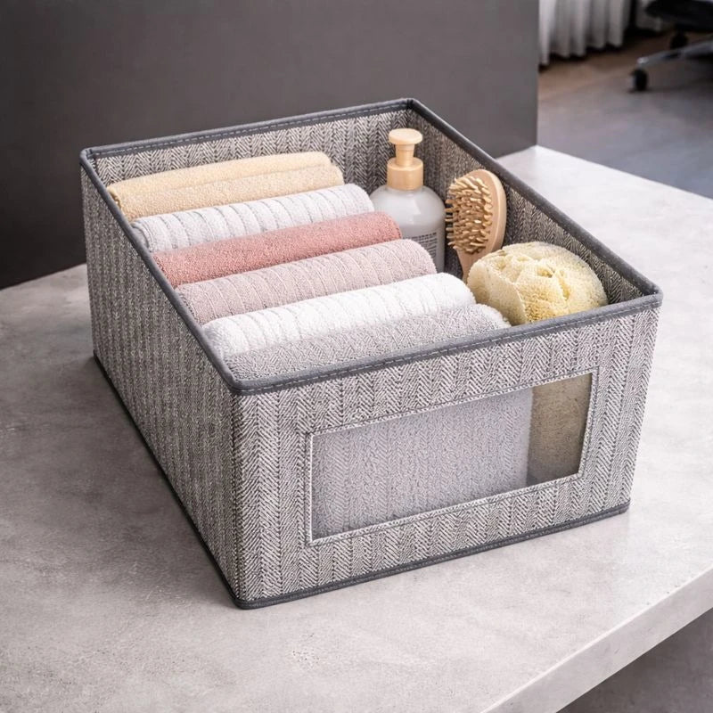 Medium Foldable Fabric Storage Box with Clear Window – Closet Organizer, Wardrobe Storage Bin, Shelf & Drawer Organization Solution