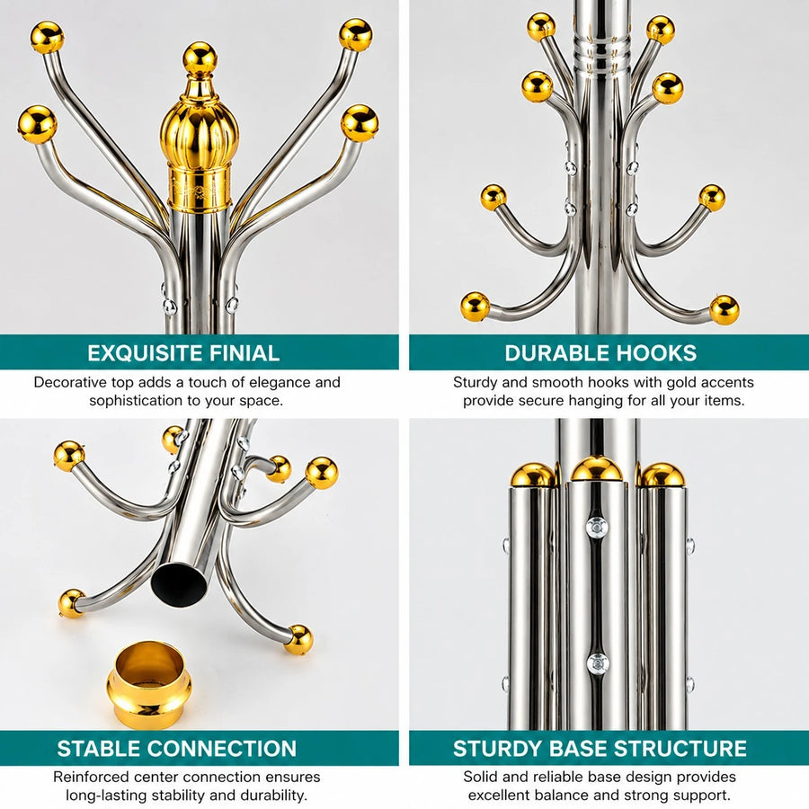 Stainless Steel Coat Rack Stand 12 Hook Entryway Bedroom Clothes Hanger Organizer