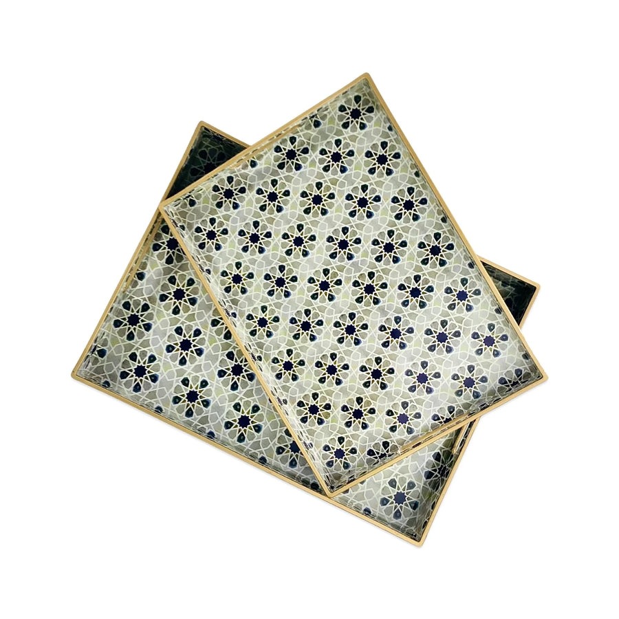 Arabesque Decorative Rectangular Serving Tray Set 2 Pieces Teal Gold Coffee Dessert Hosting