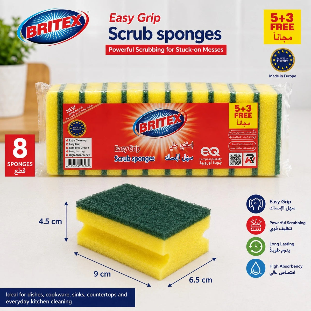 Britex Easy Grip Scrub Sponges Pack of 8 Kitchen Cleaning Sponge Heavy Duty Scouring Pad Dishwashing Sponge Household Cleaning Scrubber