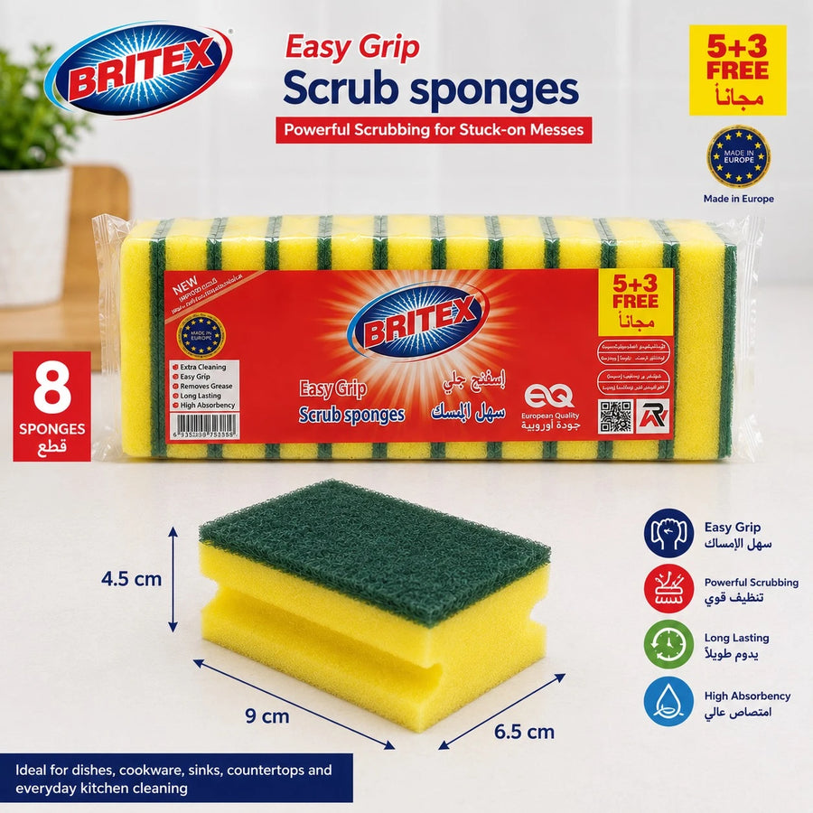 Britex Easy Grip Scrub Sponges Pack of 8 Kitchen Cleaning Sponge Heavy Duty Scouring Pad Dishwashing Sponge Household Cleaning Scrubber