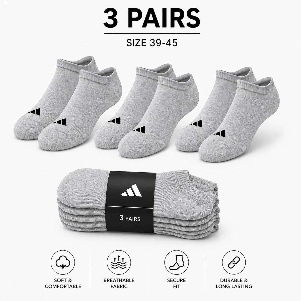 Adidas Socks Pack Ankle Socks 3 Pairs Black White Ankle Socks Set Cotton Sports Casual - Image 5