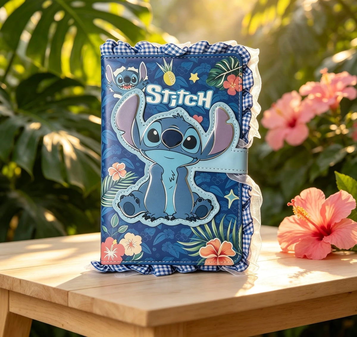 Stitch Character Notebook with Decorative Cover, Strap Closure & Ruffle Trim – Cute School Journal & Writing Notebook